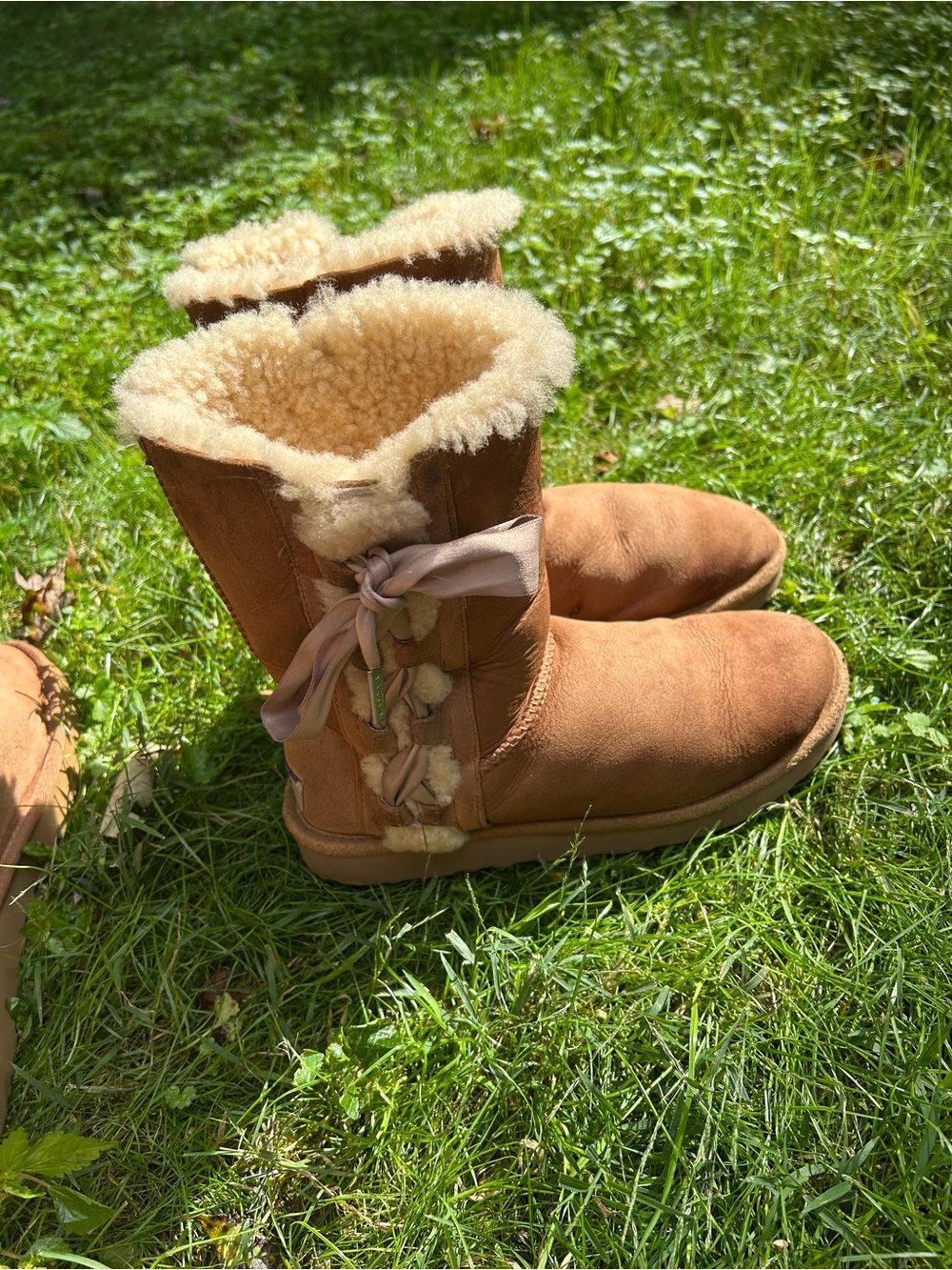 UGG Chestnut Suede Shearling Mid-Calf Boots with Ribbon Tie